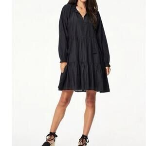 Roller Rabbit Janni Tie V-Neck Long Sleeve Ruffle Cuff Tiered Dress black large